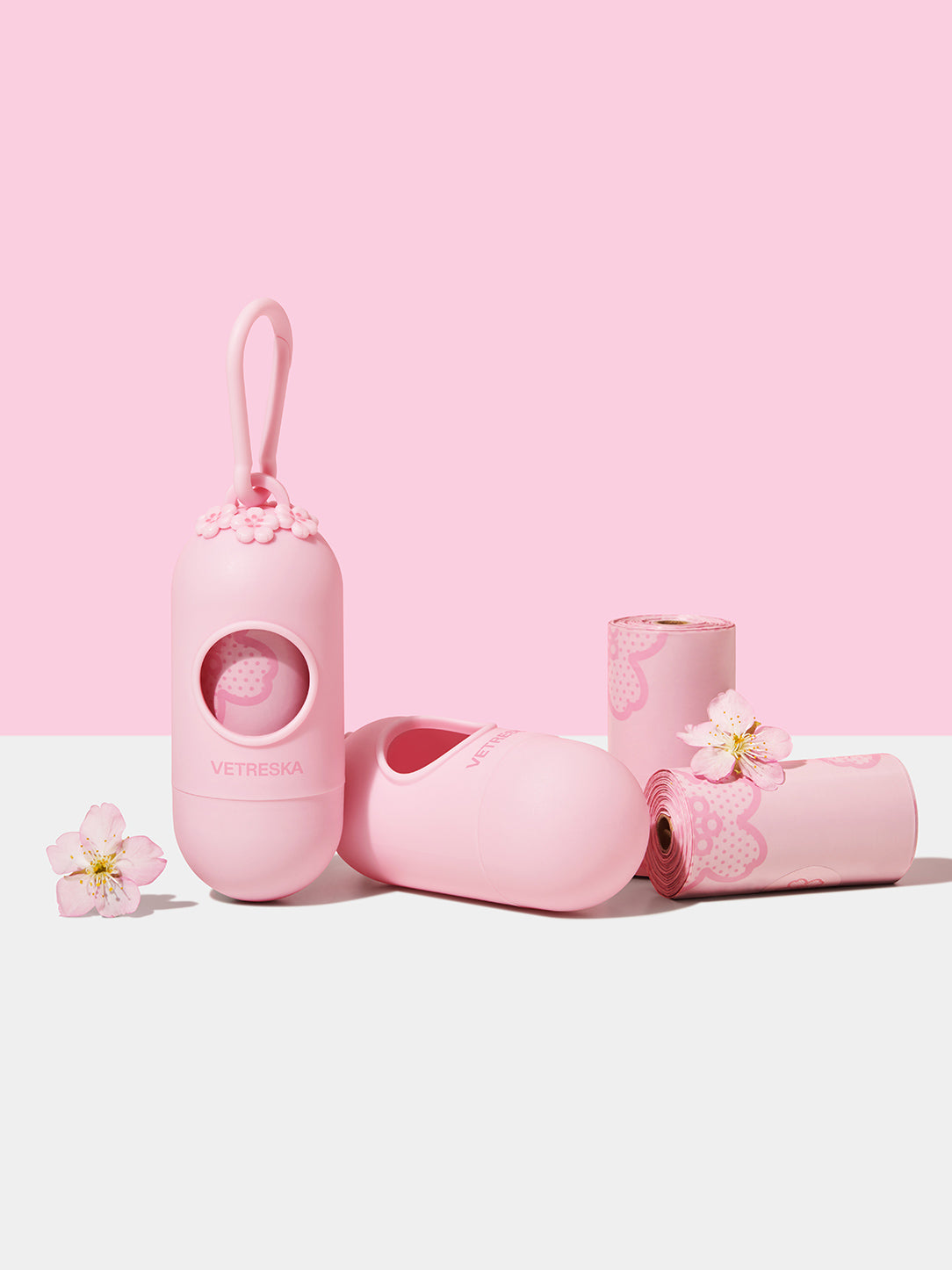 Cherry Blossom Pet Poop Bags with Dispenser Set (1 Dispenser + 7 Rolls )