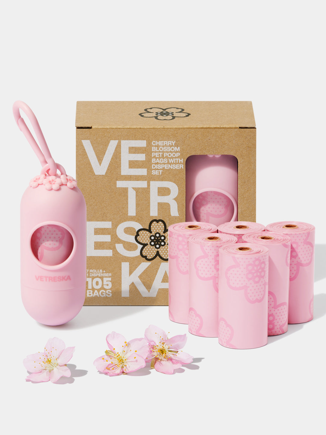 Cherry Blossom Pet Poop Bags with Dispenser Set (1 Dispenser + 7 Rolls )